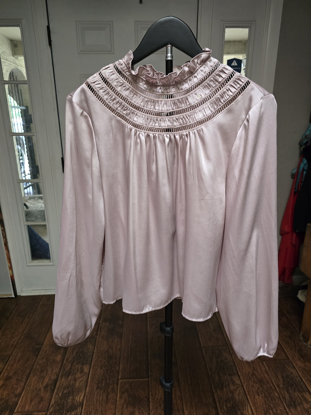 Express Light Pink Satin Smocked Yoke Ruffle Neck Blouse